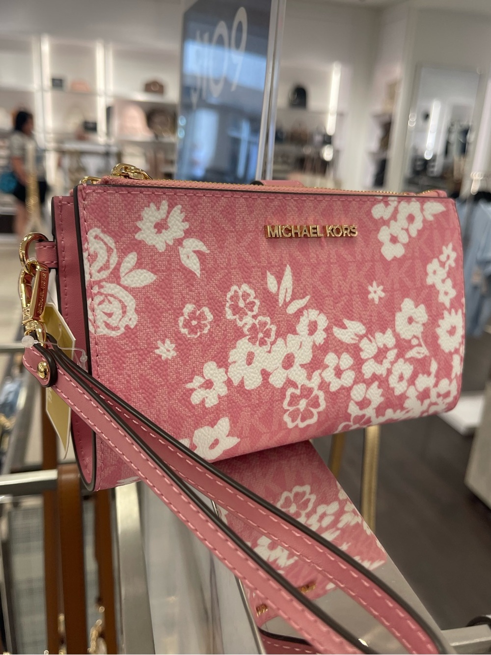 MICHAEL KORS Pink Floral Zip Wallet Wristlet with Gold Hardware - Picture 1 of 16